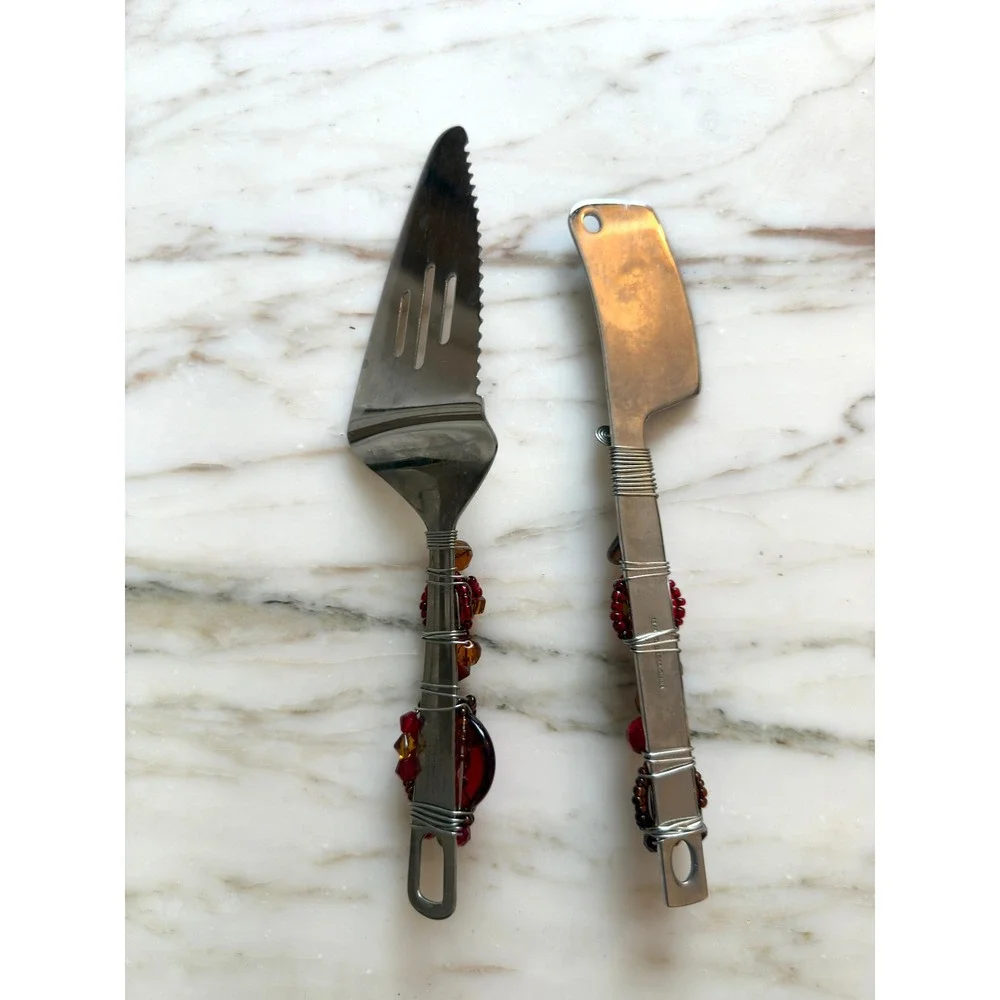 Vintage Faberware Y2K Decorative Beaded Cake Knife & Server Set Red Amber